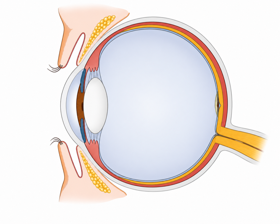 Querschnitt durch das menschliche Auge (Hornhaut, Linse, Iris, Glaskörper und die drei äußeren Augenhüllen)